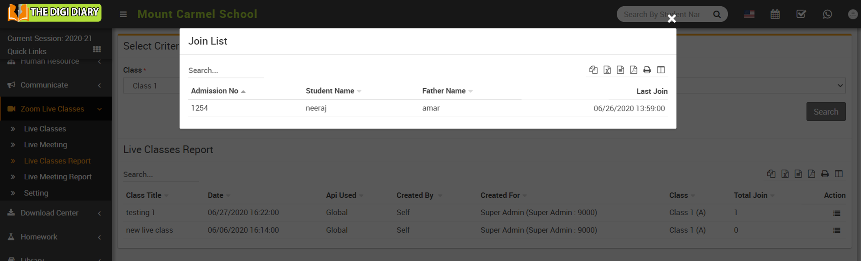 live class report join list