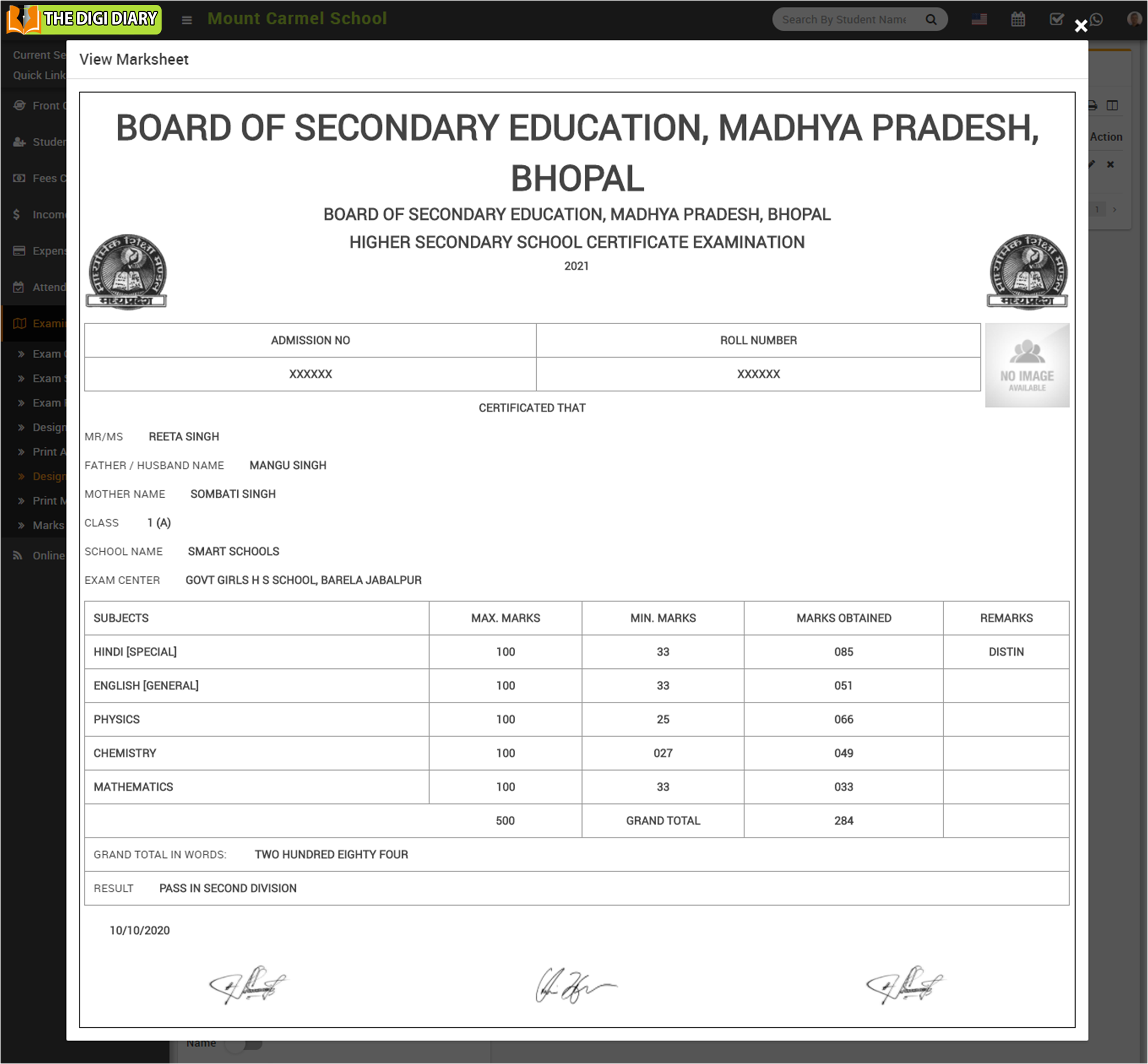 View marksheet