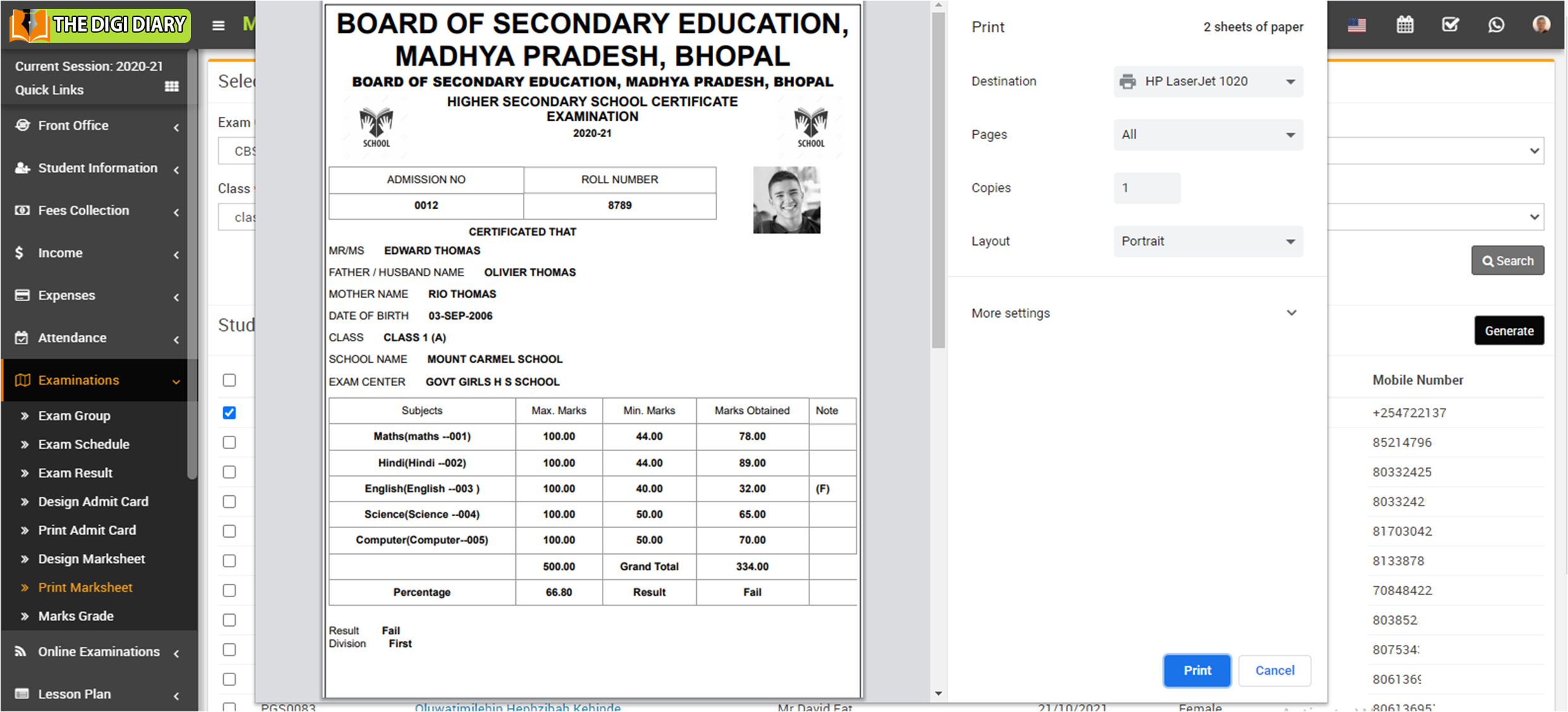 view print marksheet