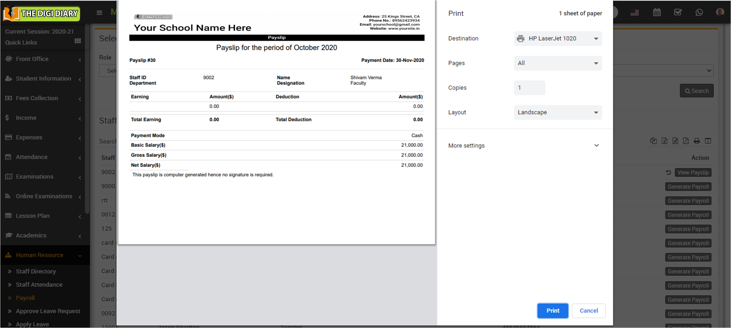 print staff payslip