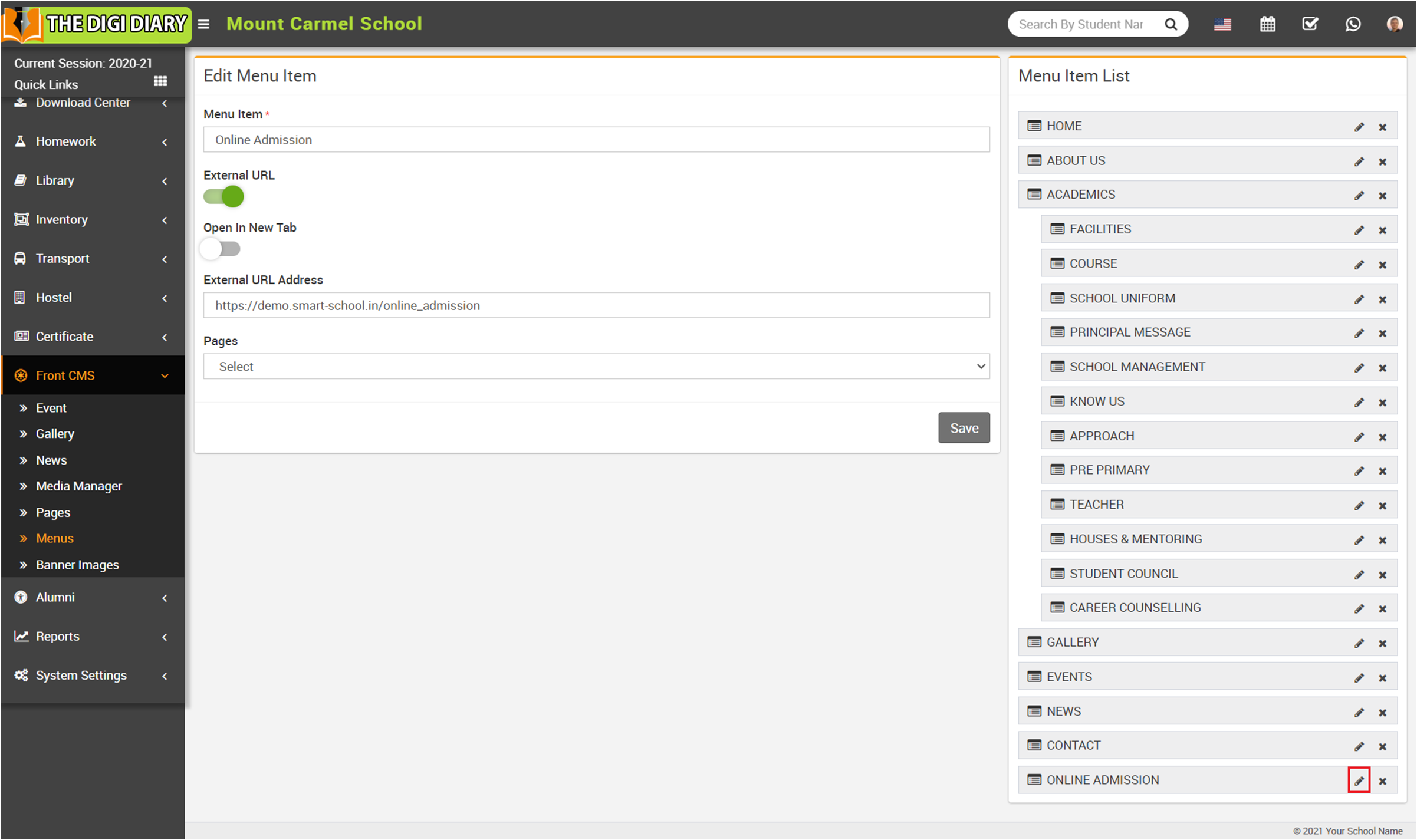 online admission menu edit
