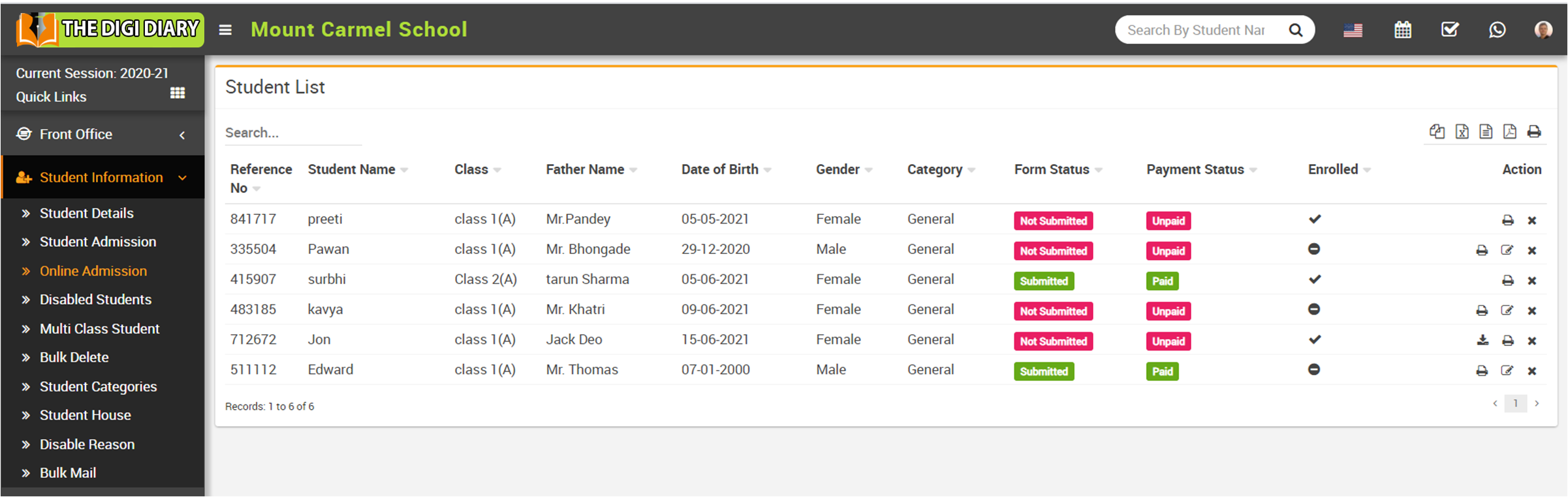 online admission student list