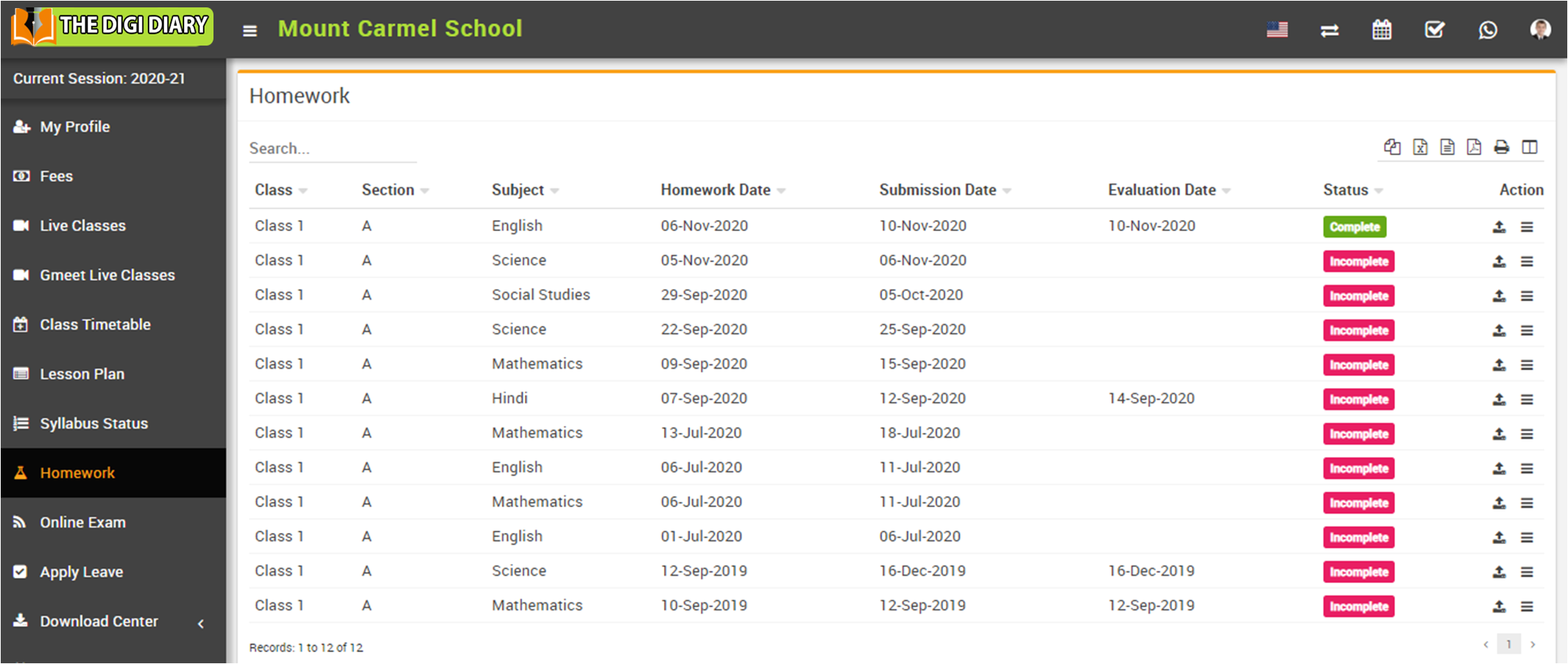 student homework list