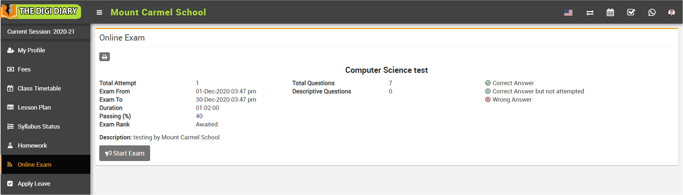student online exam detail