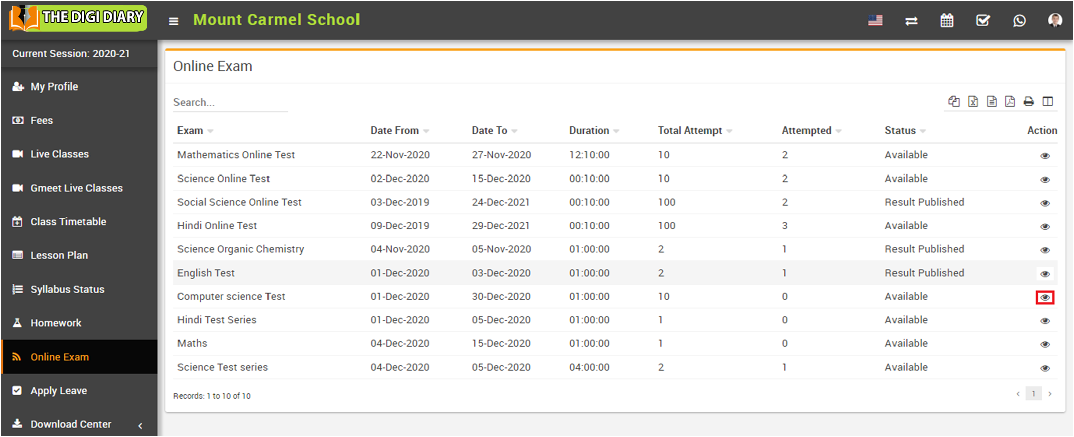 online exam list image
